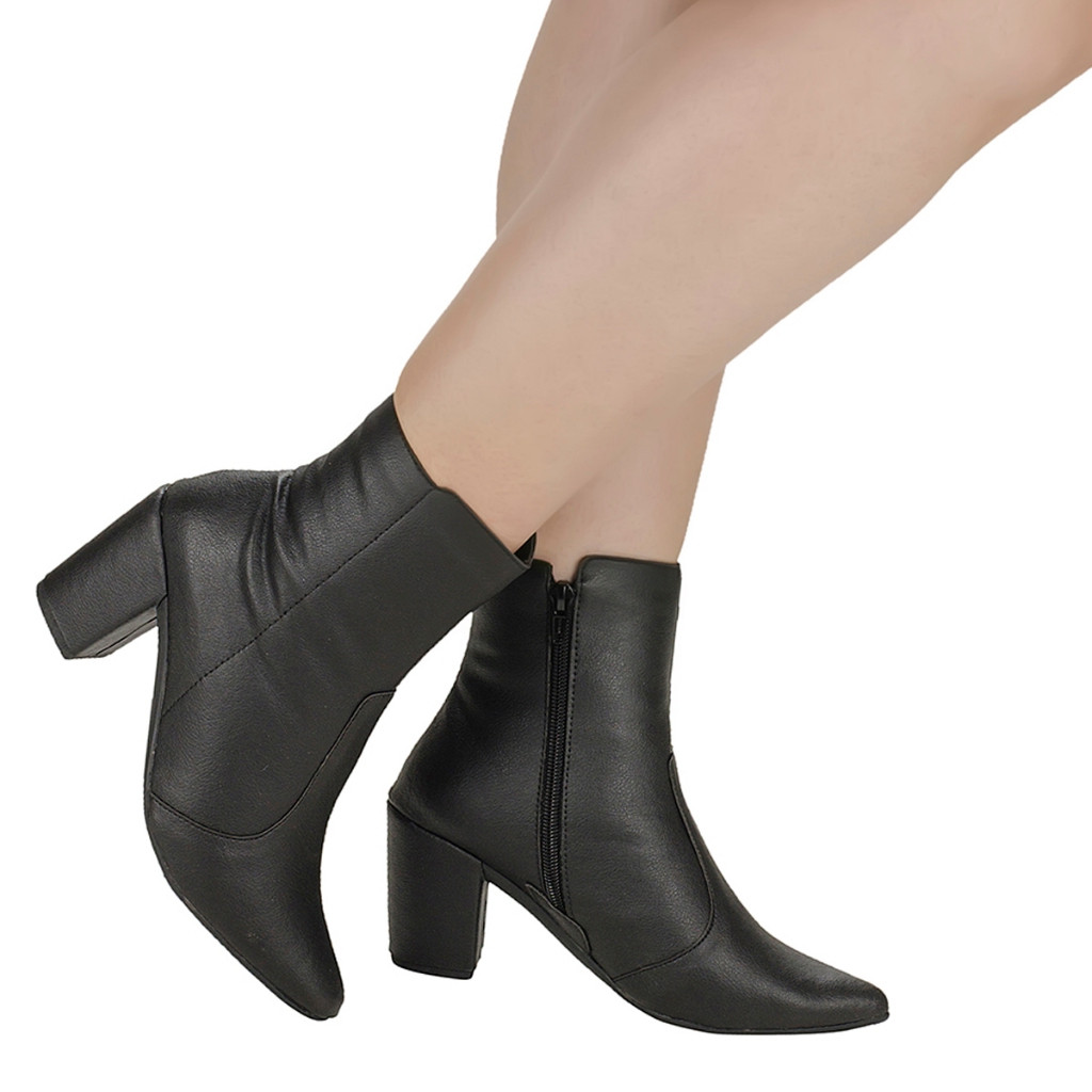 Bota Feminina Bico Fino Cano Curto Salto Bloco Alto Grosso 7,5cm Confortável Casual Clássica Elegante
