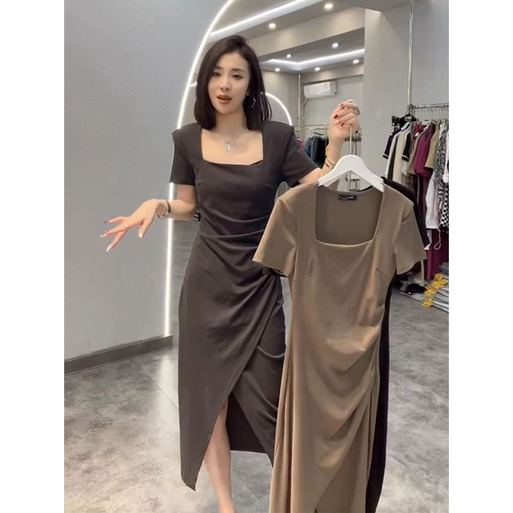 Francês quadrado pescoço vestido feminino verão novo estilo luz estilo maduro elegante mais magro olhar fenda saia pliss