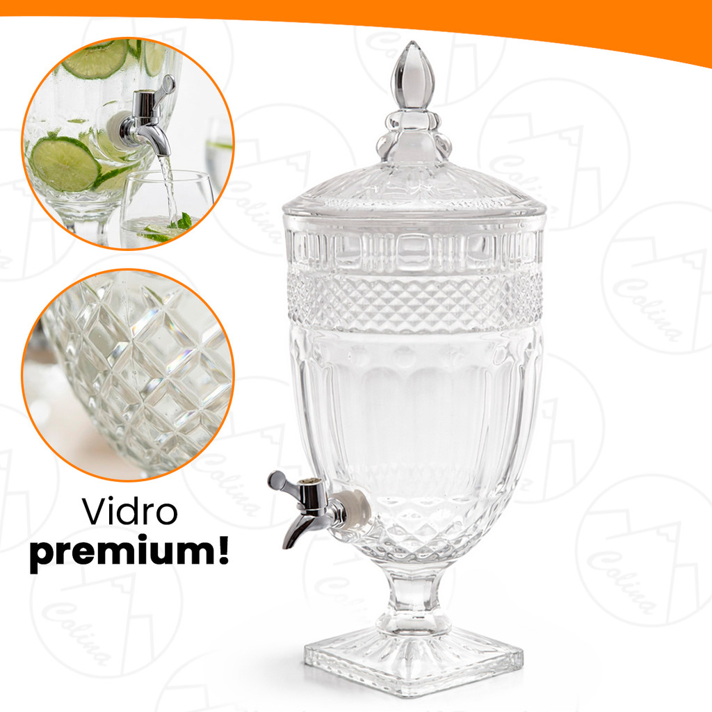 Suqueira Imperial 5 Litros Com Torneira Jarra De Vidro Cristal  Dispenser Sucos Água Saborizada