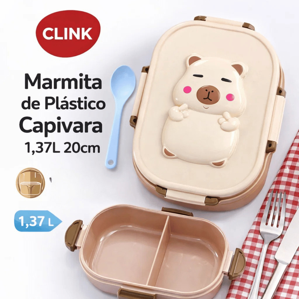 Marmita Capivara 1,37L 20cm Plastico Tampa Trava - Clink / Infantil Lancheira Comida Escola Viagem
