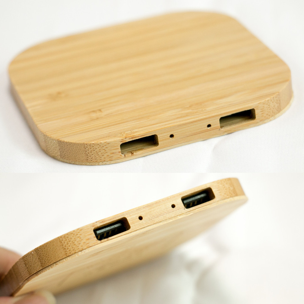 Carregador sem fio de bambu com interface USB de duas portas, carregador sem fio de madeira para celular, presente unive