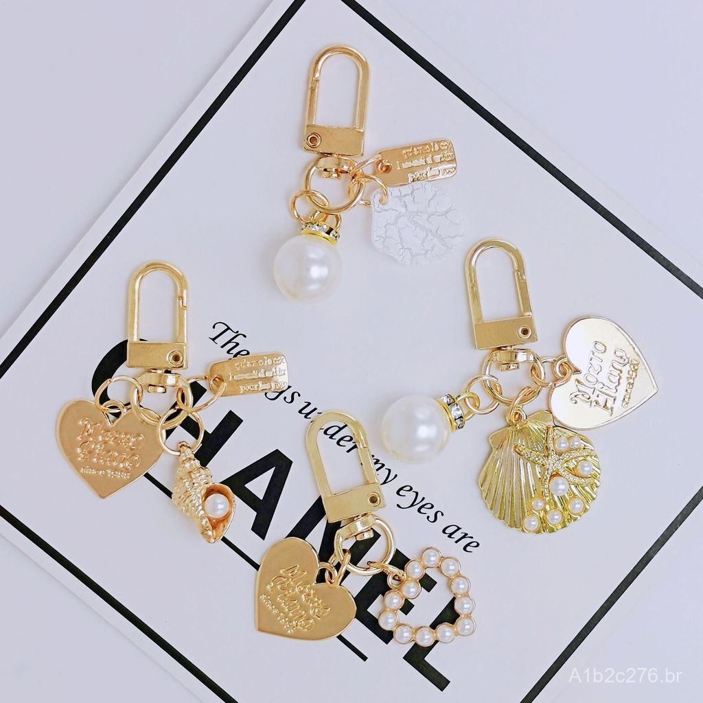 Chaveiro de concha de pérola estilo coreano com etiqueta de letra, chaveiro de liga metálica no atacado, pingente de bol