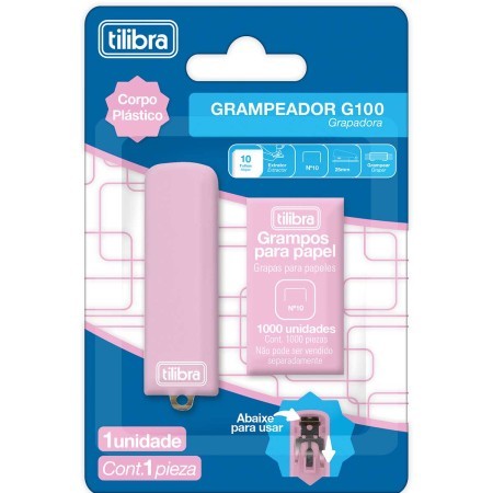 Mini Grampeador com Extrator Tilibra + 1000 Grampos Rosa Pastel G100