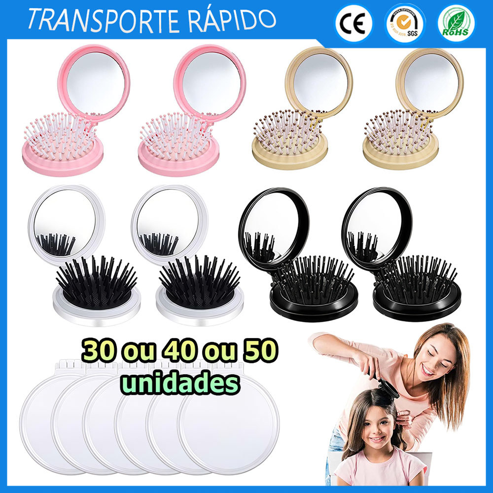 30/40/50 Pente de bolso redondo com espelho pente com espelho dobrável para viagem mini pente com espelho de maquiagem
