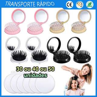 30/40/50 Pente de bolso redondo com espelho pente com espelho dobrável para viagem mini pente com espelho de maquiagem