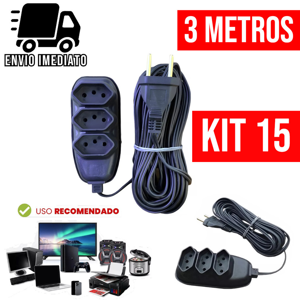 Kit 15 Extensão Elétrica 3 Metros Bivolt com 3 Tomadas 110v 220v Tripolar Alexa Compacta