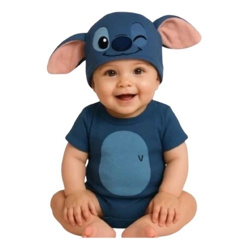 Body Bebê Stitch com Touca | Fantasia Infantil Personagem Roupa Temática Mesversário Ensaio Foto
