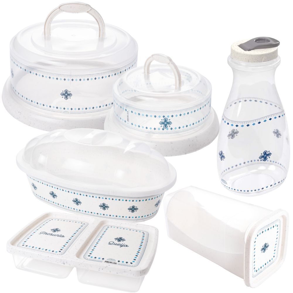 Kit Boleira, Queijeira, Porta Pães, Porta Torradas com Gaveta Deslizante, Porta Frios e Garrafa 1,8L Marmorizado 6 peças