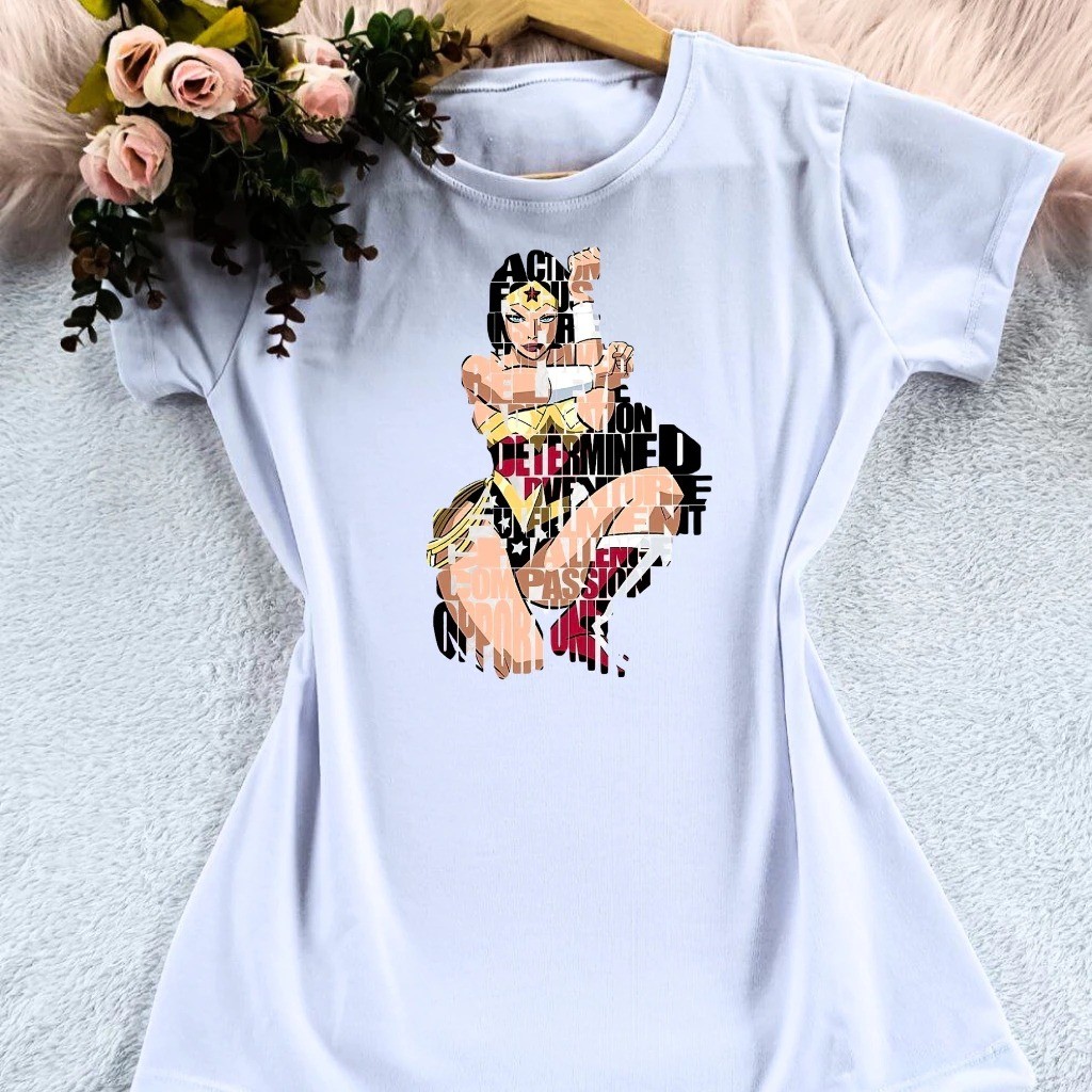 Camiseta Estampada Inspirado Palavras Formando Mulher Maravilha Unissex 100% Algodão Frete Grátis Rápido Plus Size