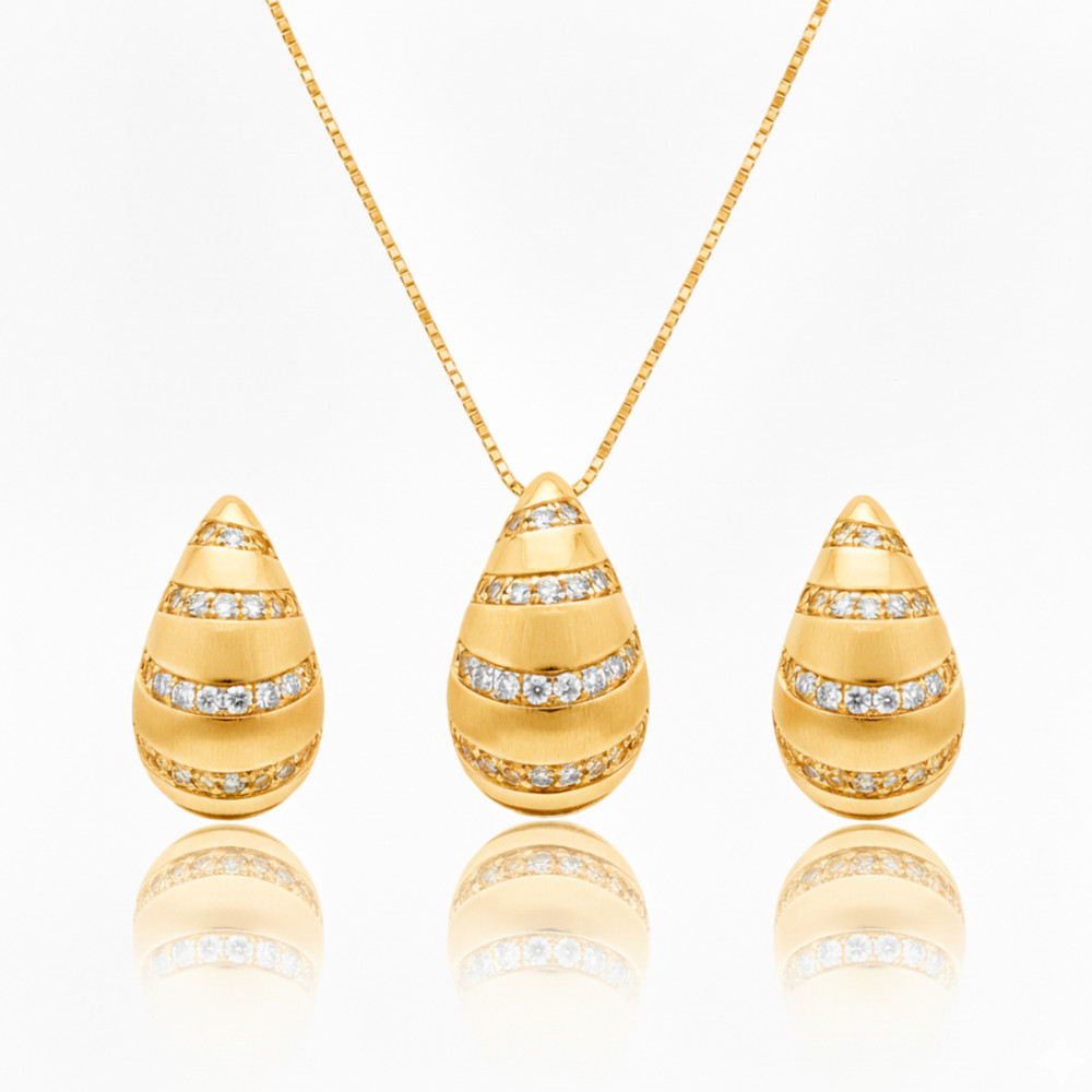 Conjunto de Colar e Brincos em Formato Gota Espiral Segmentada Zircônia Cristal | Feminino | Banhado Ouro 18K | Semijoia