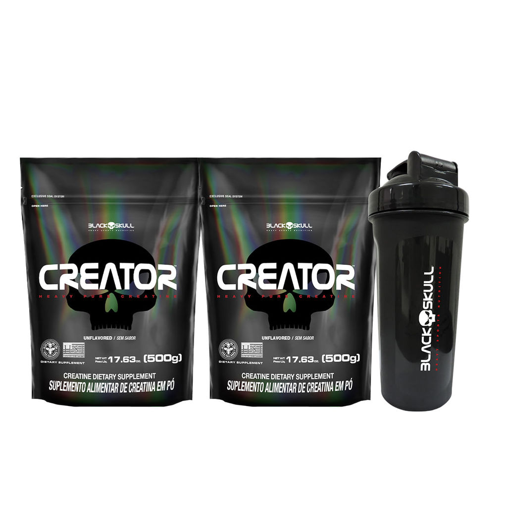 Combo 2x Creatina Creator 500g + Coqueteleira - Black Skull