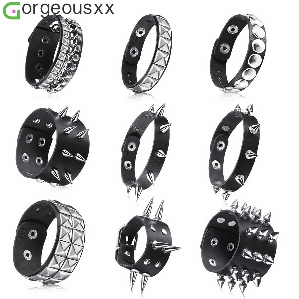 [Gorgeousxx] Pulseira Punk Fashion Cone Quadrado Círculo Rebite Couro PU Para Mulheres Homens Joias De Festa