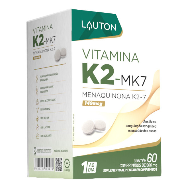 Vitamina K2 Mk7 - Menaquinona 100mcg - 60 Capsulas - Lauton