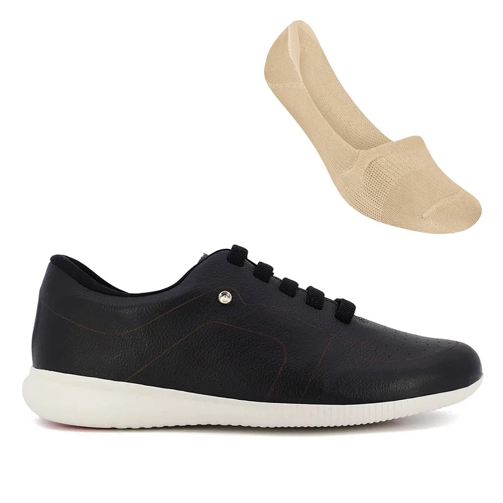 Tênis Usaflex Feminino Em Couro Detalhe Laser AF0622 + Meia Selene Sapatilha Invisível