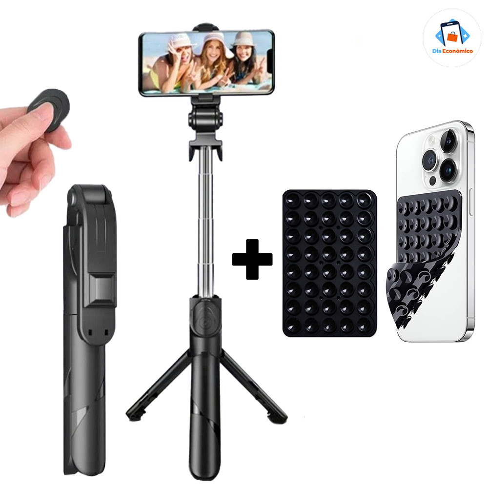 Selfie Stick Dobrável Portátil com Tripé e Controle Bluetooth Multifuncional para Celular