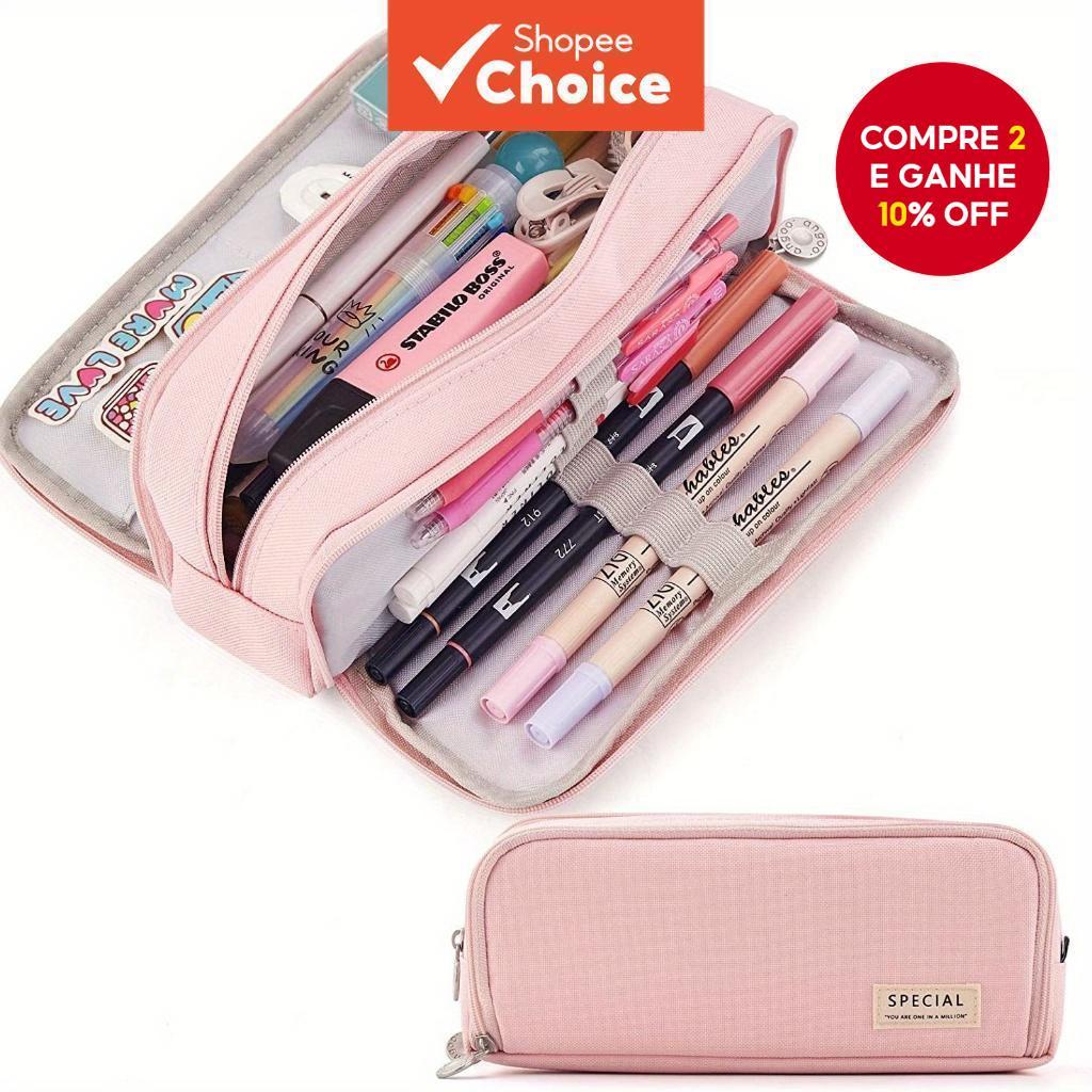 Estojo de Lápis Oxford Grande com 3 Compartimentos - Multifuncional para Escola, Escritório, Viagem e Cosméticos.