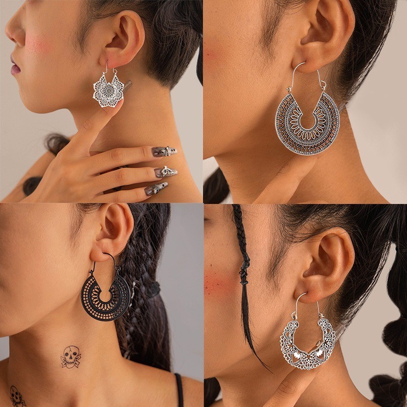 Brinco Argola Prateado Trabalhado Indiano Boho Étnico Grande Feminino Presente em Oferta na Shopee