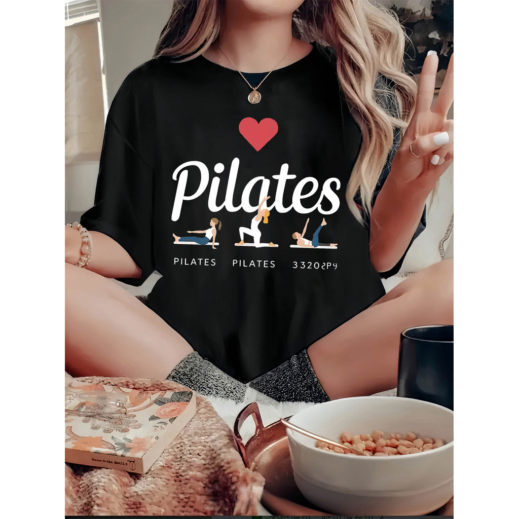 Camiseta Feminina Casual Plus Size Em Algodão Puro Para Fitness, Com Estampa De Coração De Pilates em Oferta na Shopee