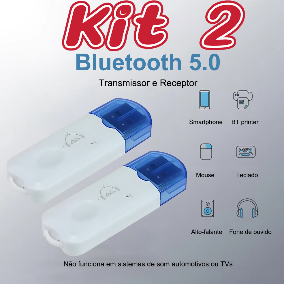 Kit 2 Adaptador Bluetooth 5.0 USB Áudio 10m – HIFI Estéreo A2DP