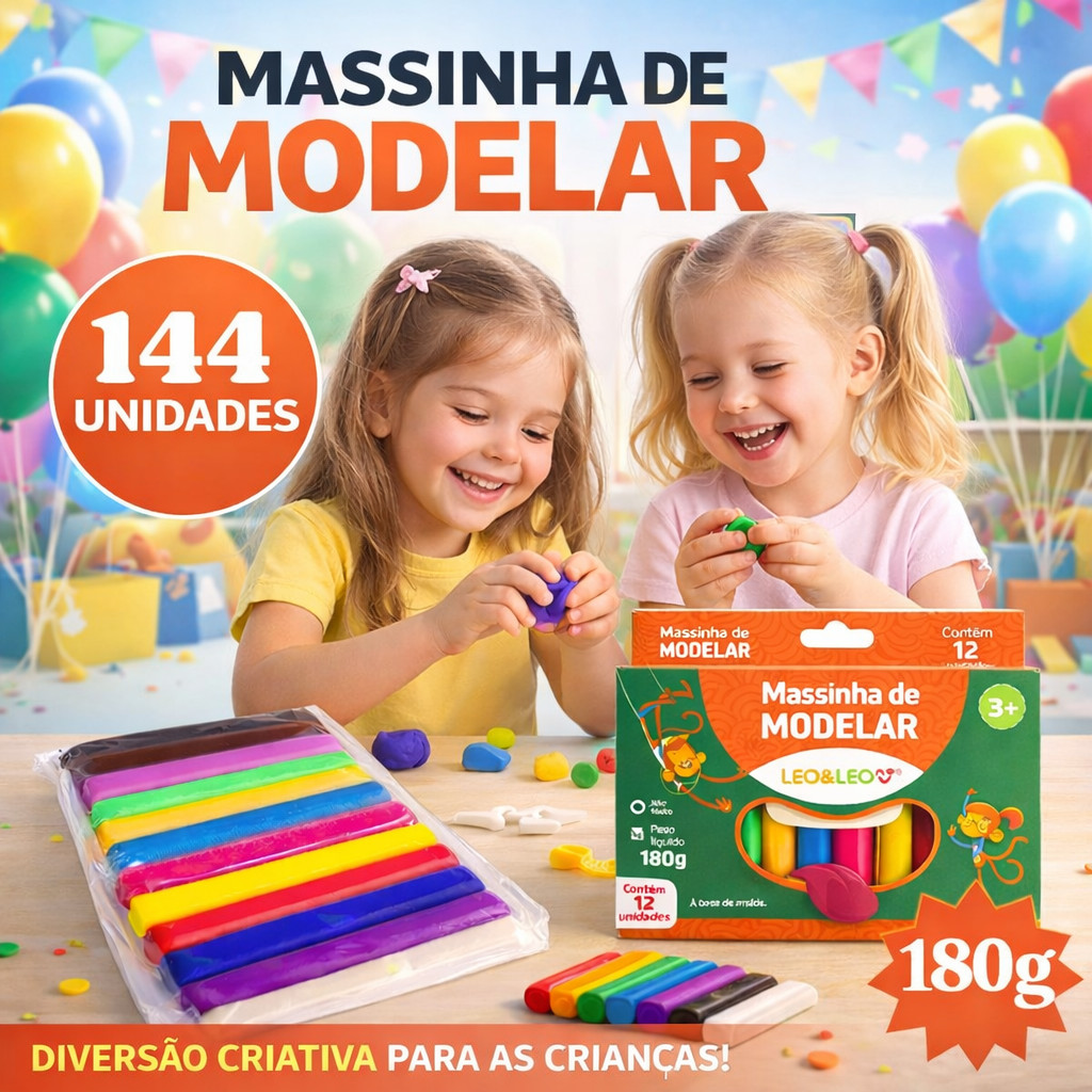 Kit 12 Caixas Massinha De Modelar Leo&Leo 144UN 180g Infantil Escolar 12 Cores Não tóxica Colorida