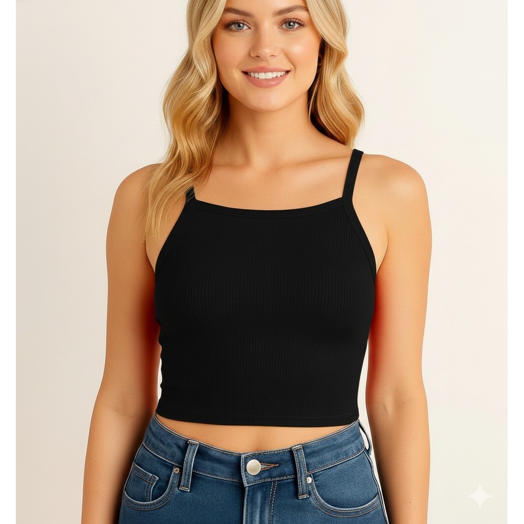 blusa cropped feminino com bojo tecido canelado alça regata top elegante