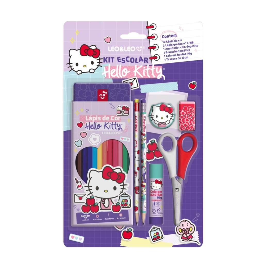 Kit Lápis De Cor 12 Cores Hello Kitty Caixa + Acessórios Leo&Leo Leonora - 71616
