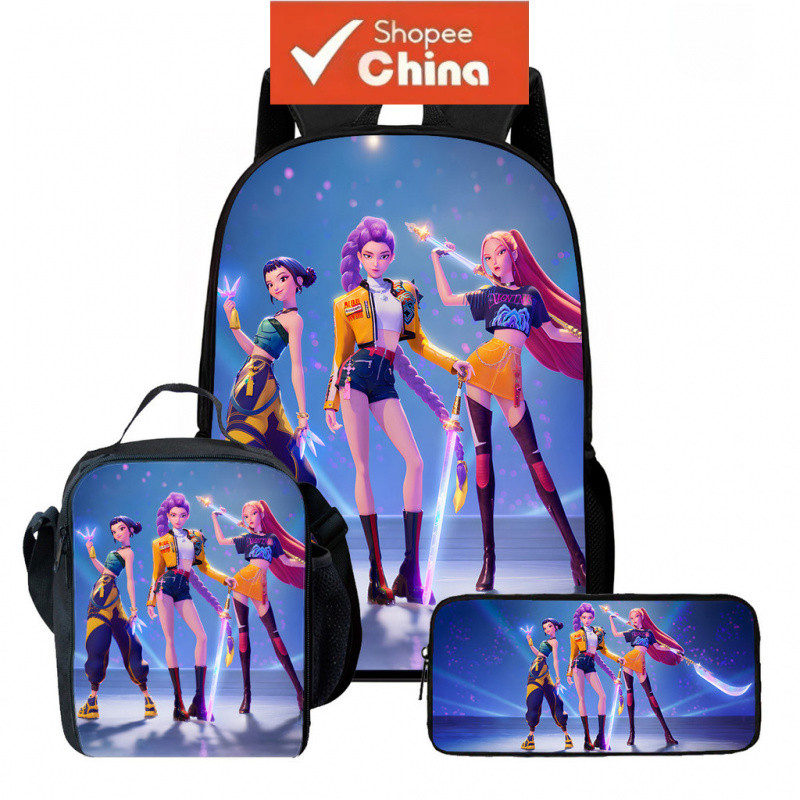 Kit K-POP Mochila Escolar Infantil 44cm Mochilas para Meninos e Meninas Mochilas Térmicas para Almoço Estojo de Lápis 3p