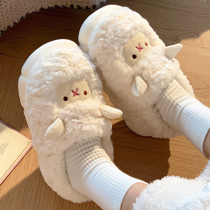 Pantufas de Algodão de Ovelha Fofa para Mulheres, Estilo Novo de Outono Inverno, Sapatos de Confinamento Antiderrapantes
