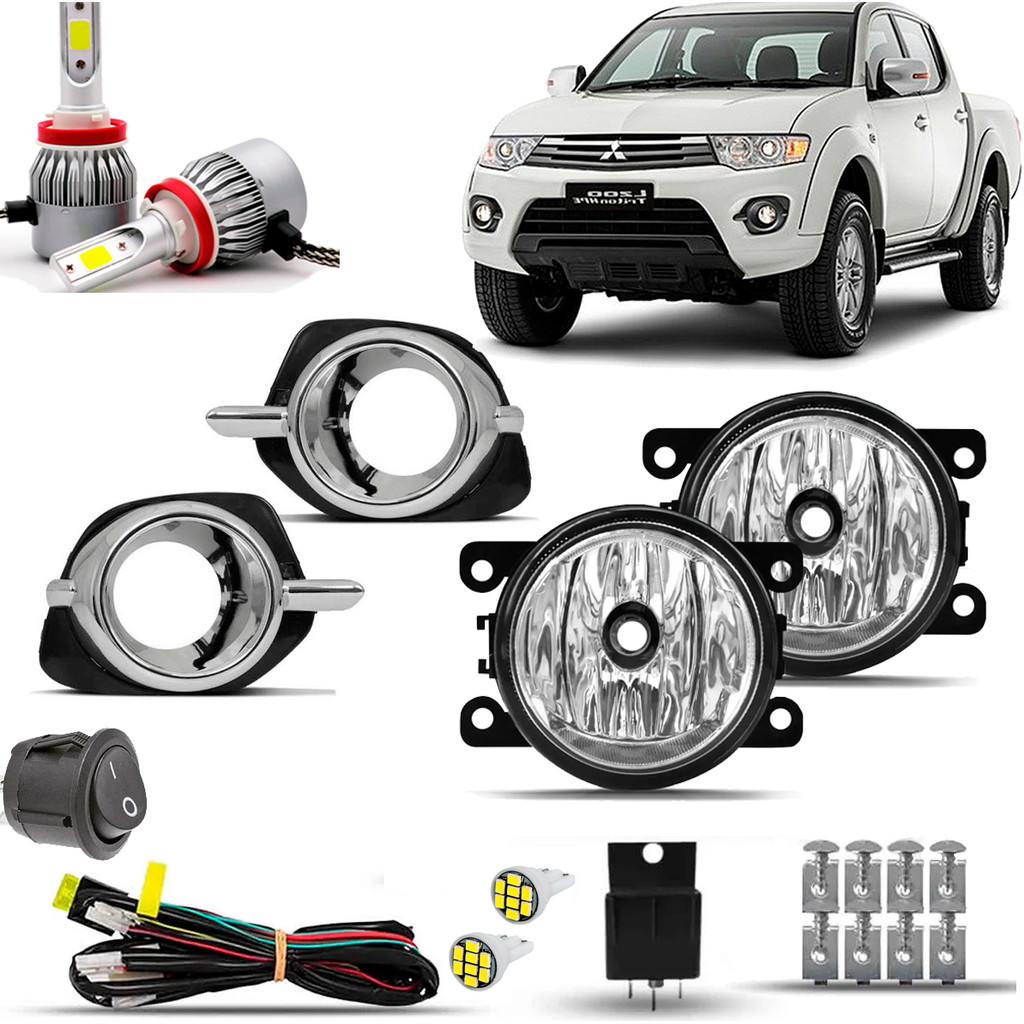 Kit Farol Milha Neblina Auxiliar Farolete Cibie Completo Triton L200 2014 15 16 Moldura Cromo Com Super Led h8 6000K