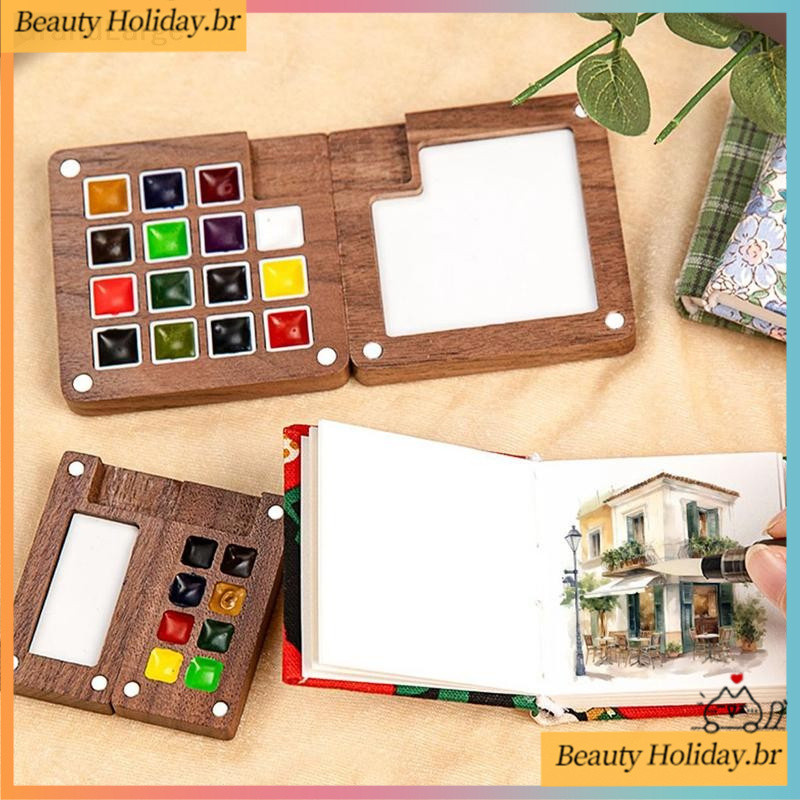 [Thm] Paleta De Aquarela De Madeira De Nogueira Caixa De Pintura Portátil Com Clipe Bandeja Para Viagem Materiais