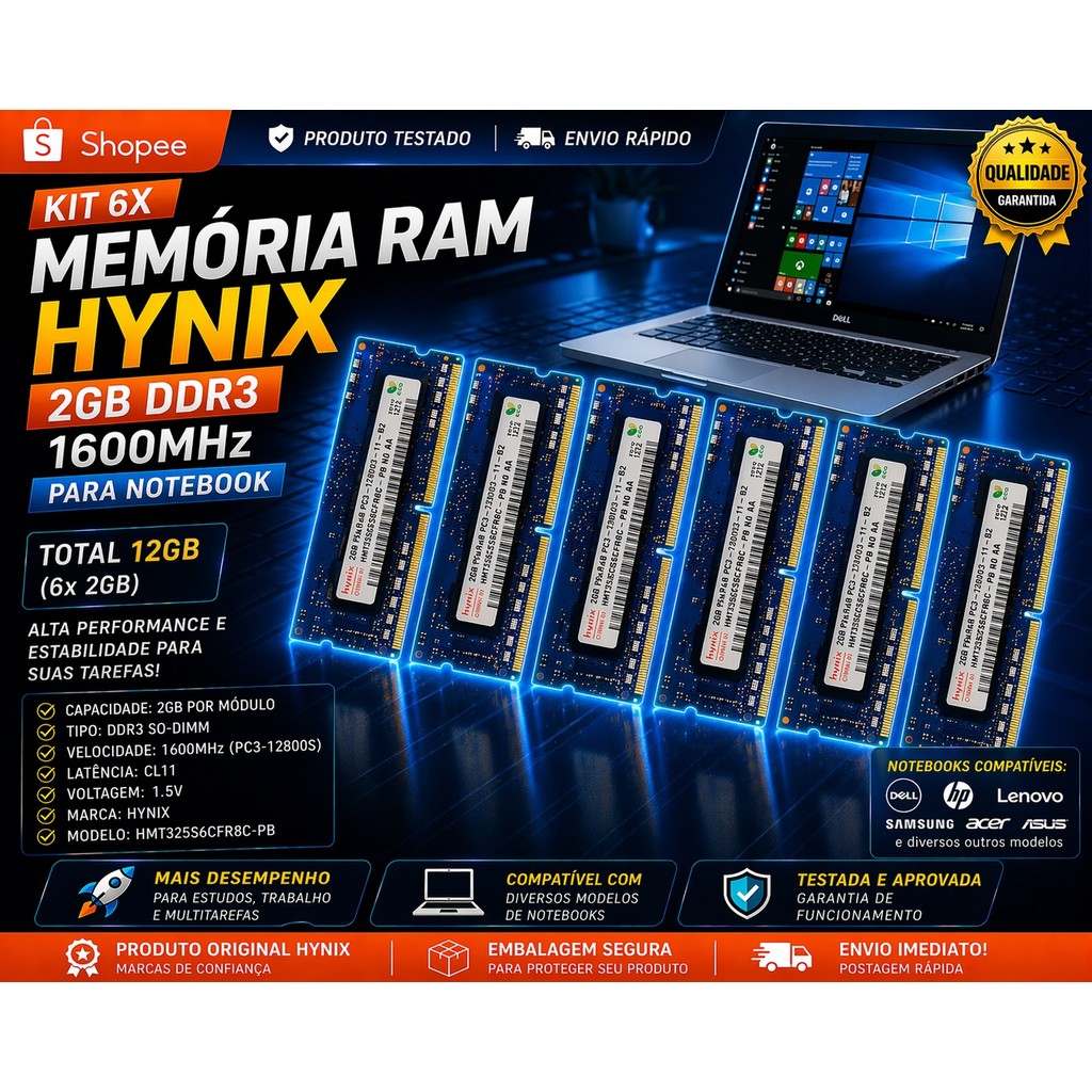 PACK DE 6x Memória RAM 2GB DDR3 1600MHz Hynix Notebook | 12GB Total PC3-12800 Estações para IA local OpenClaw