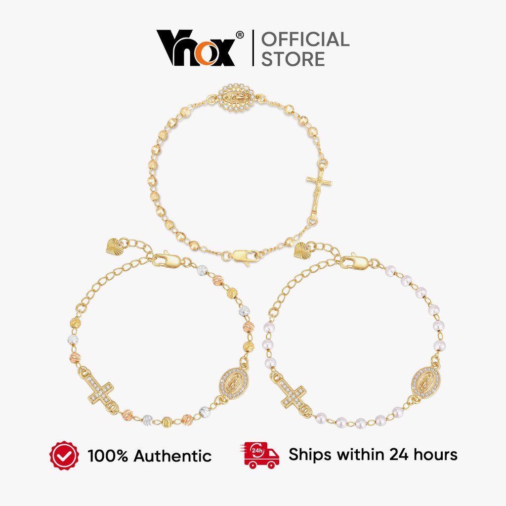 Pulseira Vnox Virgem Maria Guadalupe Banhada A Ouro 14K CZ Cruz Religiosa Católi