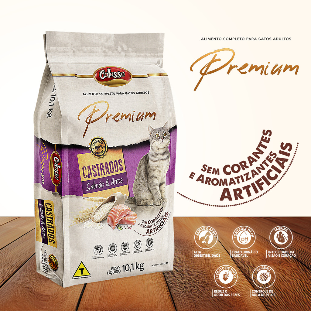 Ração Gato Castrado 10kg Racao Colosso Premium Salmao Arroz