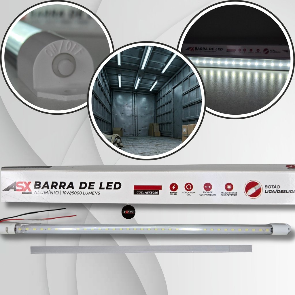 ASX- LUMINÁRIA BARRA DE LED ALUMÍNIO Cabine Caminhão Ônibus Universal 10W/33 LEDS 50 CM BIVOLT - ASX