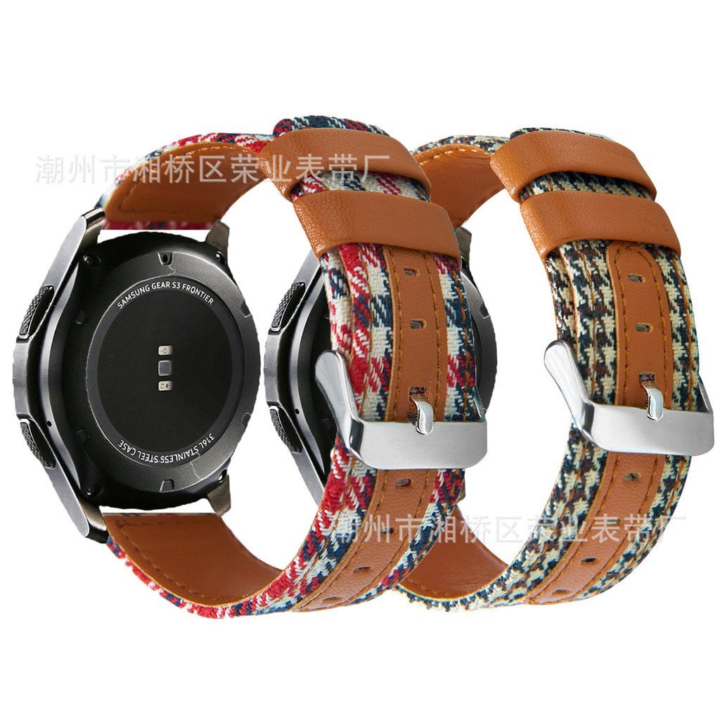 Pulseira de relógio de lona xadrez (houndstooth) e pulseira de couro xadrez, compatível com Samsung Gear S3, com liberaç