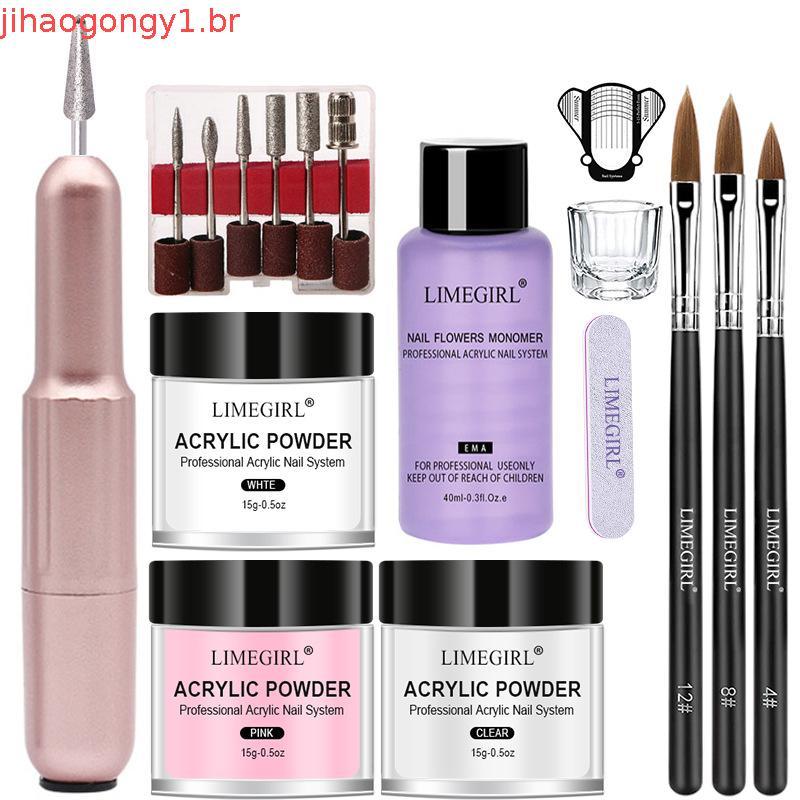 LIMEGIRL Kit De Pó Acrílico E Líquido Para Unhas , Sem Necessidade De Lâmpada UV , Conjunto De Extensão De Cristal Trans