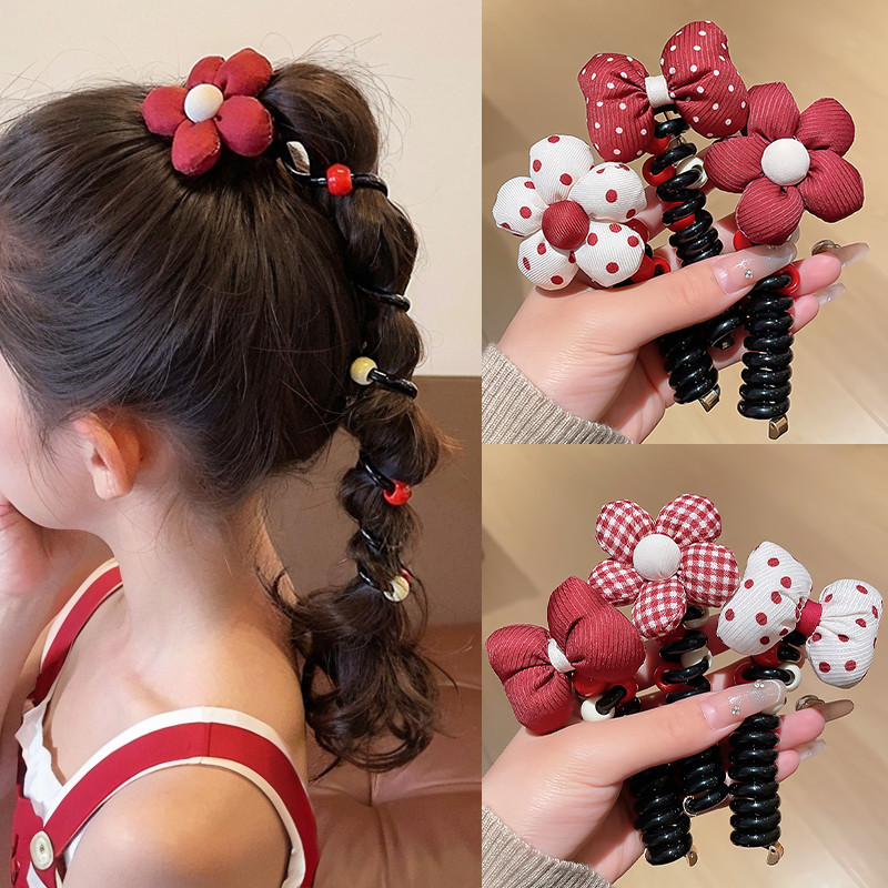 Crianças flor linha telefônica anel de cabelo bebê bolha trança arco vermelho corda de cabelo meninas rabo de cavalo alt