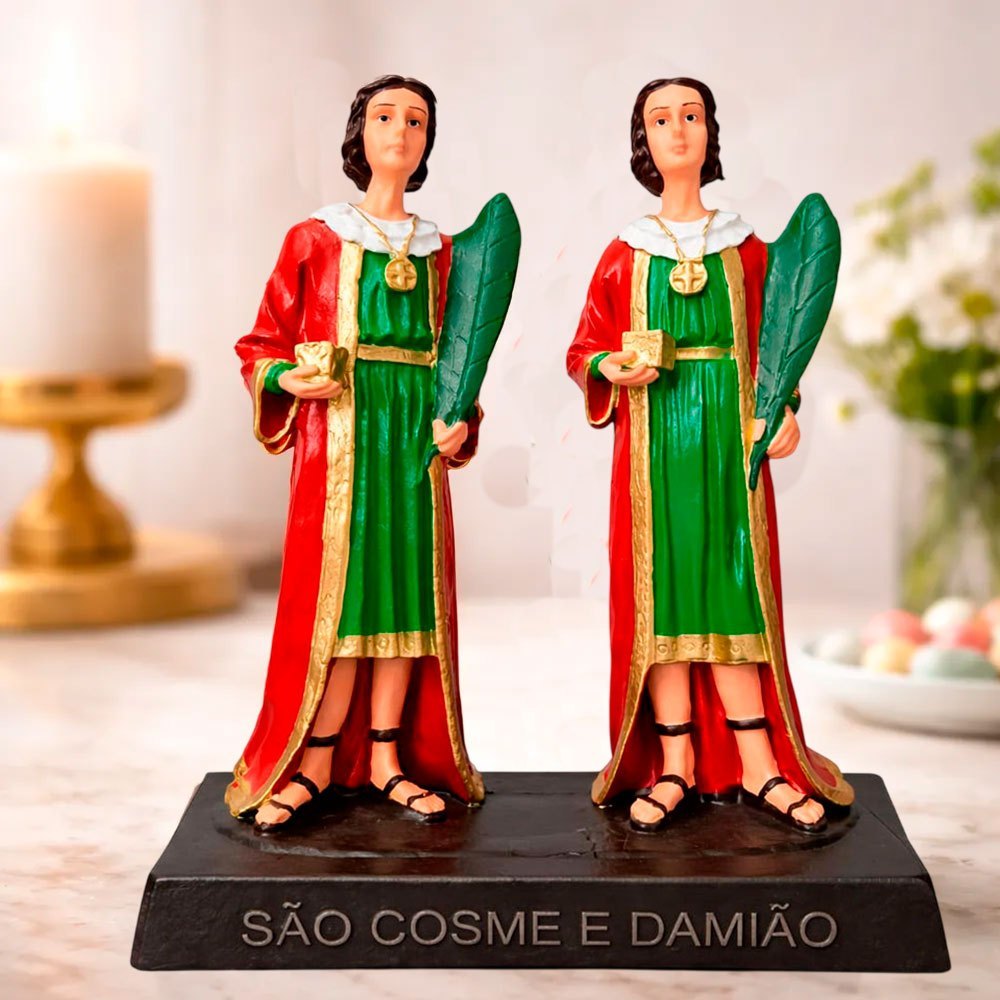 Imagem de São Cosme e Damião de Borracha Inquebrável  30 cm Pode Molhar Estatueta Religioso Católica