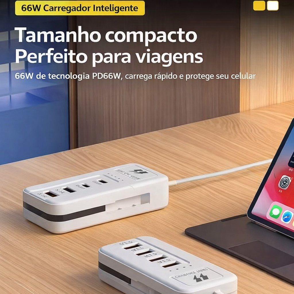 Carregador Rápido 66W Atomo 2PD+2USB Extensão de Tomada com Cabo Embutido Proteção Inteligente Bivolt