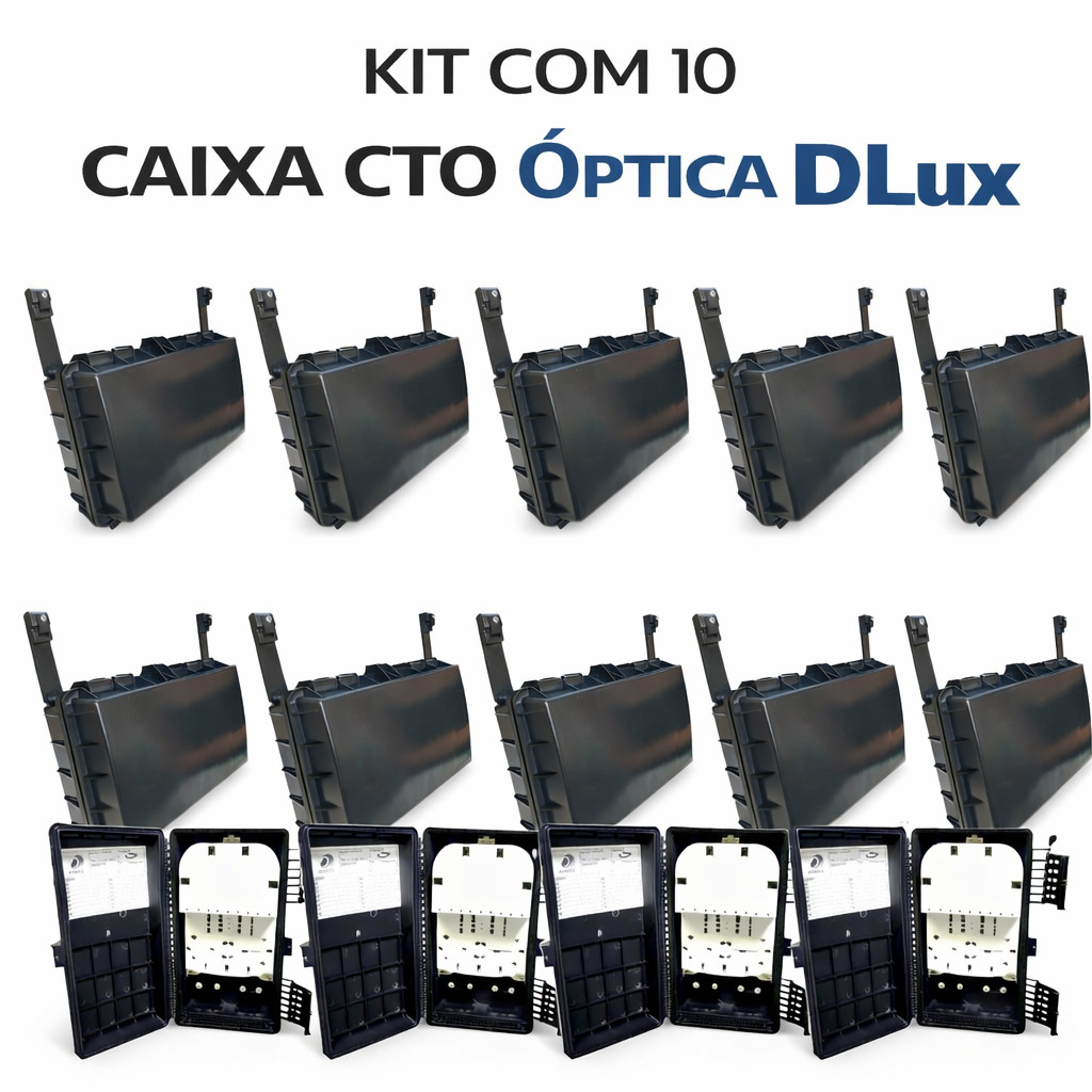 KIT 10 Caixa CTO Óptica DLux 16 Portas com Cordoalha IP65 FTTH FTTX Splitter 1x8 1x16