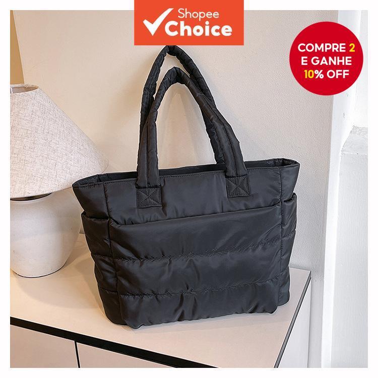 Bolsa de Ombro Casual Feminina Acolchoada | Bolsa Tote Impermeável de Grande Capacidade | Em Estoque em Oferta na Shopee