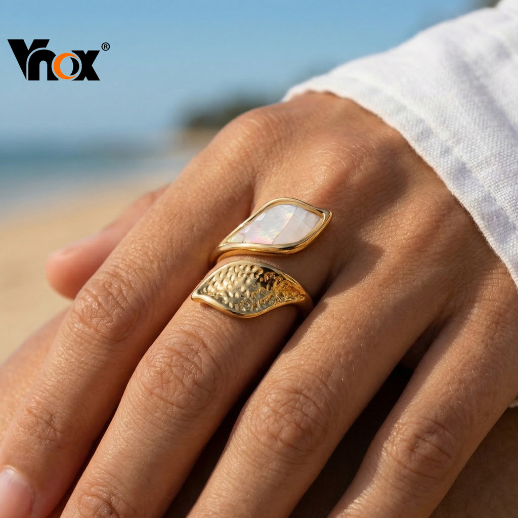 Anel Aberto De Concha Branca Geométrica De Aço Inoxidável Dourado Vnox , Joias Modernas Ajustáveis Para Mulheres
