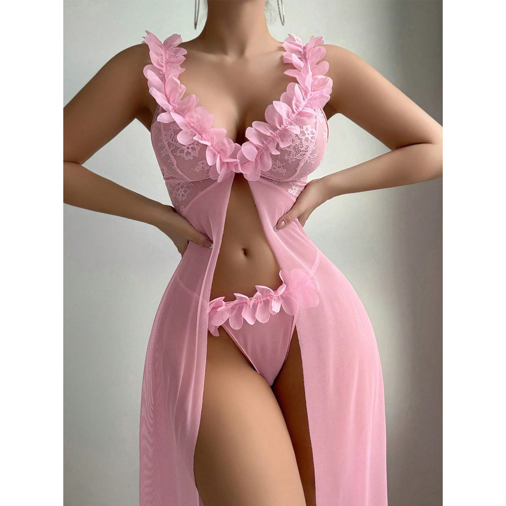 Conjunto de Pijama Sexy Feminino 5JAL de 2 Peças - Vestido Longo com Alças, Fenda e Detalhe Transparente, Calcinha Fio D