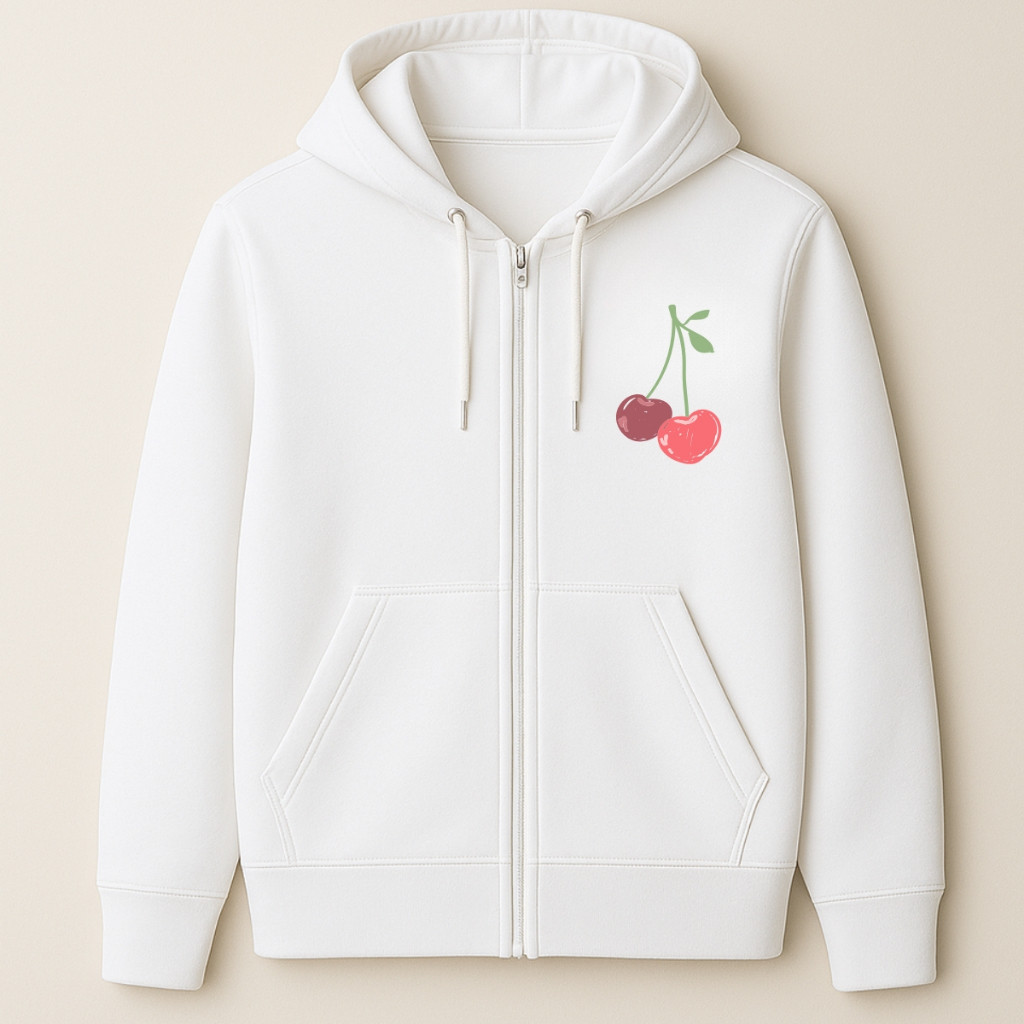 Blusa Moletom Canguru com Ziper Estampado Cereja Minimalista Flanelado Quentinho Feminino