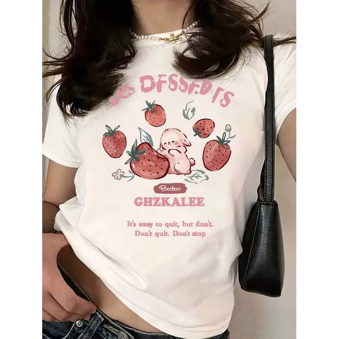 「BR.Moonlight」Camiseta Feminina Letras Morangos Coelhos Estampa Colorida Confortável Fofa Divertida Moda Casual Verão