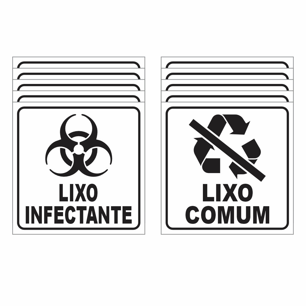 Adesivo p Lixeira - Kit 5 Lixo Infectante + 5 Lixo Comum - 15x15cm - Coleta Seletiva