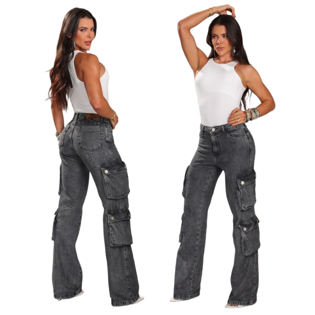 Calça Jeans Feminina Wide Leg Cargo Marmorizada Pantalona Cintura Alta – Boca Larga, Confortável, Moderna, Tendência Blo