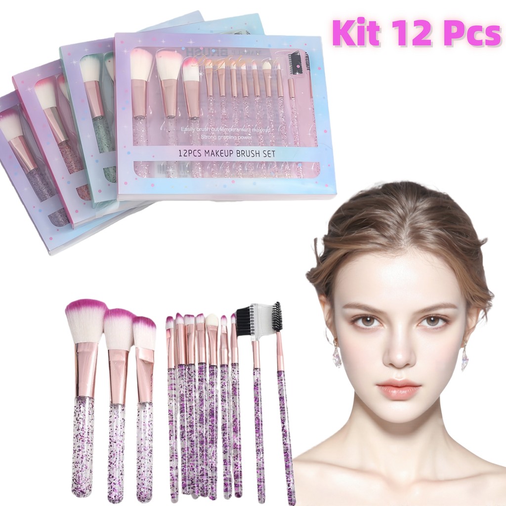 Kit de Pincéis de Maquiagem com 12 Peças Formato Unicórnio – Estojo Transparente, Cerdas Macias
