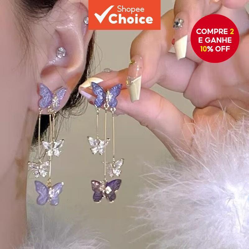 Roxo 2 Peças Brincos De Borboleta De Cristal Luz Luxo Longo Borla Joias Para Mulheres Presente De Aniversário Sonhador