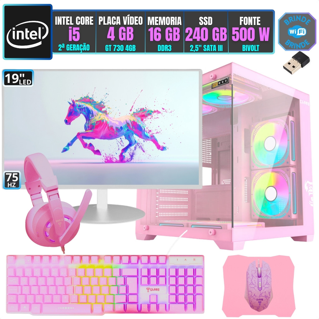 PC Gamer Computador Completo Kit Intel i5 Memoria 16GB SSD 240GB Placa Vídeo 4 Monitor 19 Combo Rosa
